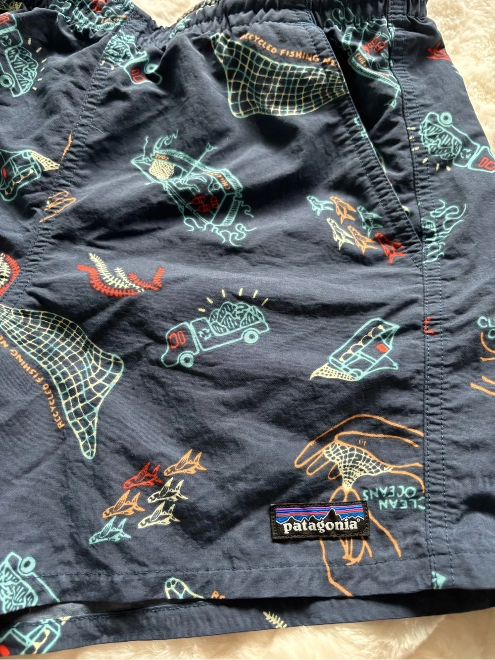 Patagonia Navy Blue Printed Swim Trunks